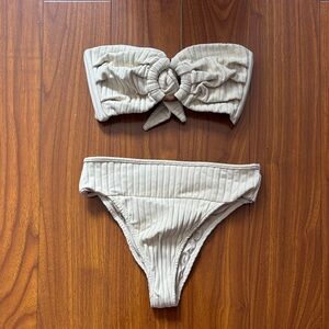 Montce Cream Ribbed Tori Bandeau Strapless Cutout Top 2 Piece Cheeky Bikini Set